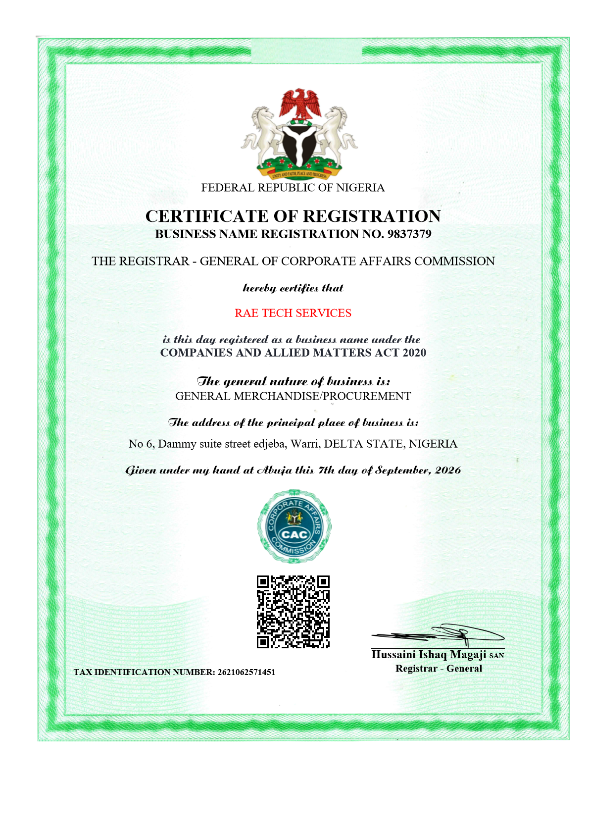 CAC Certificate of Registration - Rae Tech Services